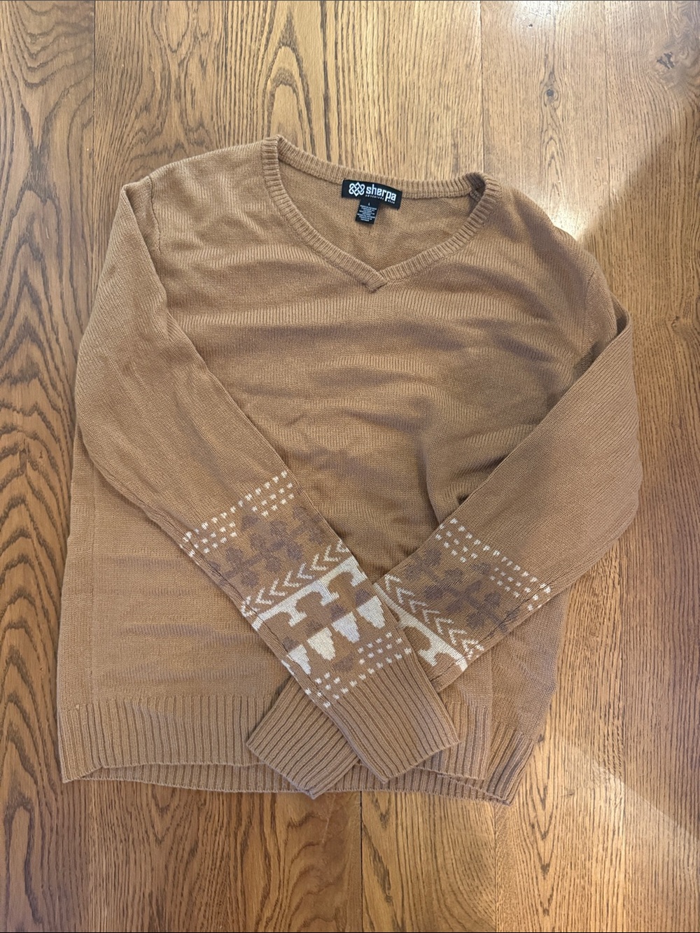 Sherpa Women's V-Neck Sweater in Camel with Patterned Cuffs